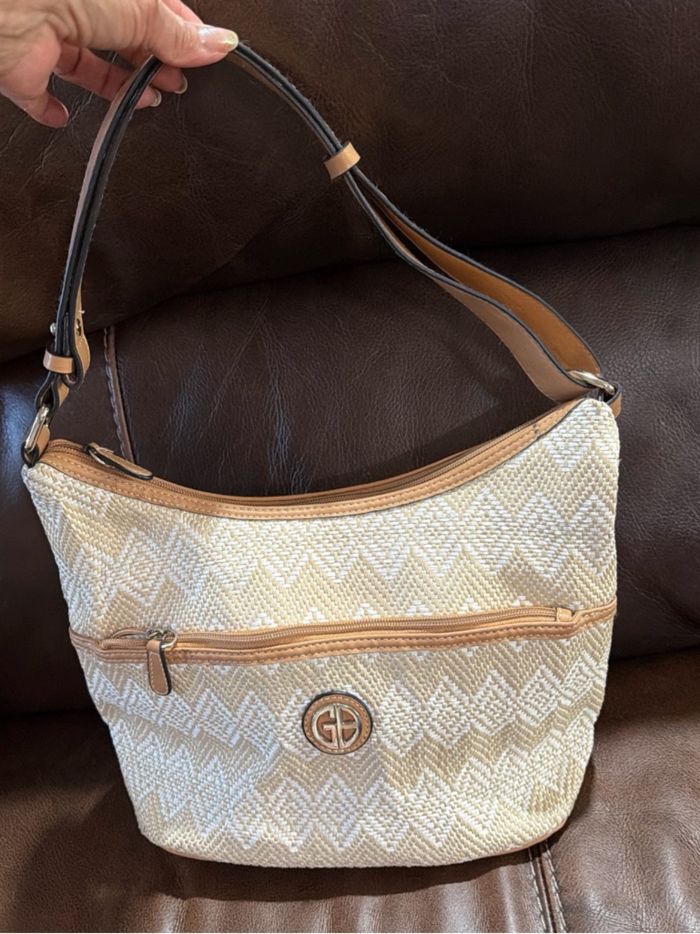 Woven Cream Shoulder Bag with Tan Trim